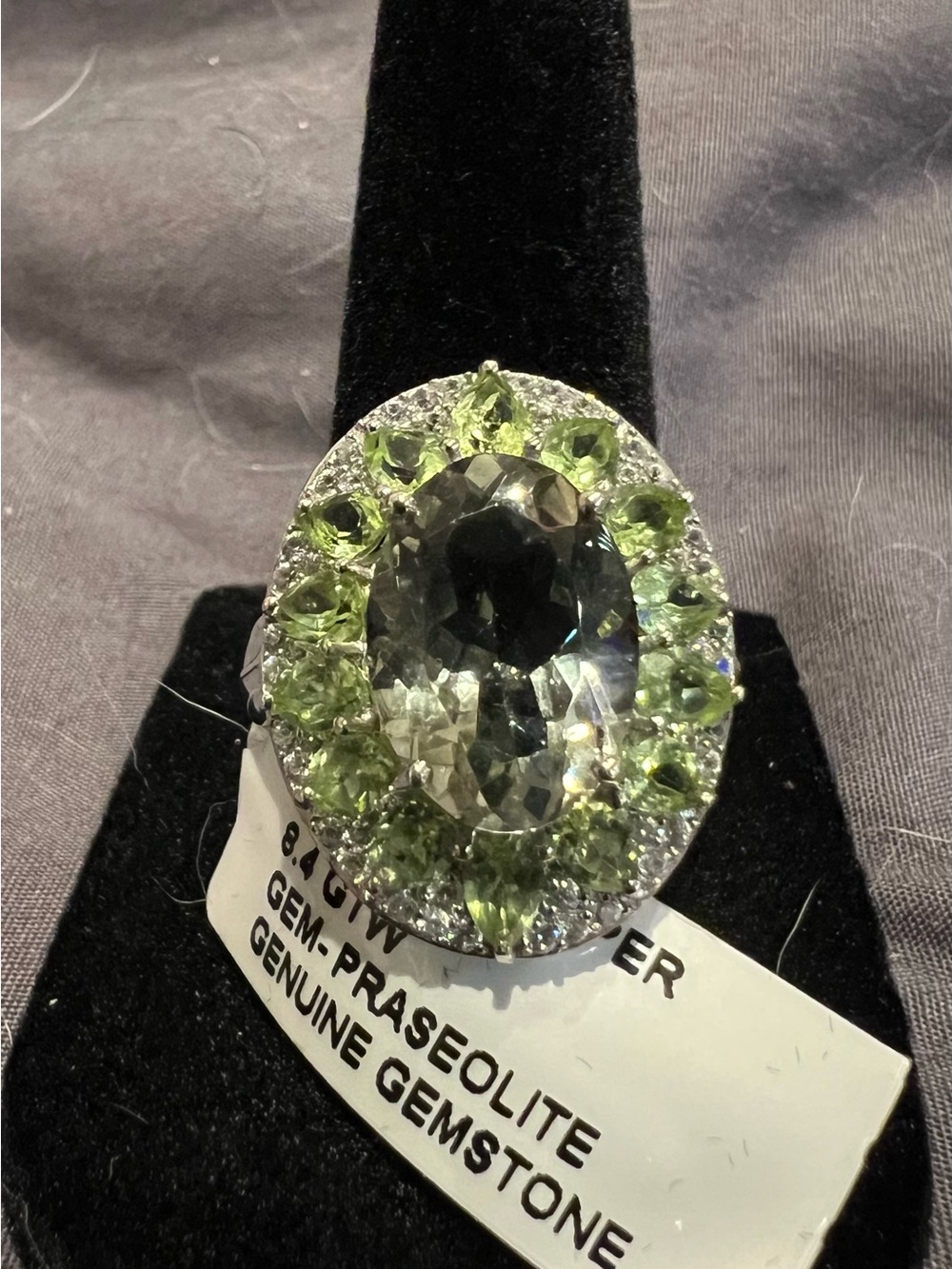.925 Sterling Silver Natural Light Green Praseolite Halo Statement Ring